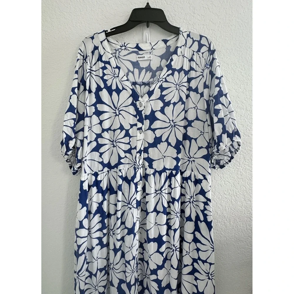 Sonoma Dress Womens XL Blue White Floral Button‎ Front Rayon Linen Cottage Boho - Picture 2 of 12